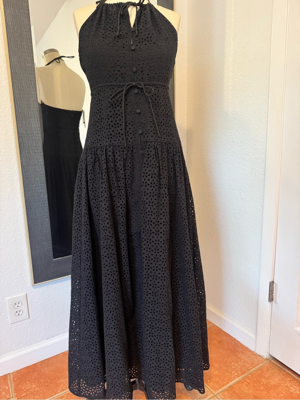 Black Strapless Eyelet Halter Maxi Dress